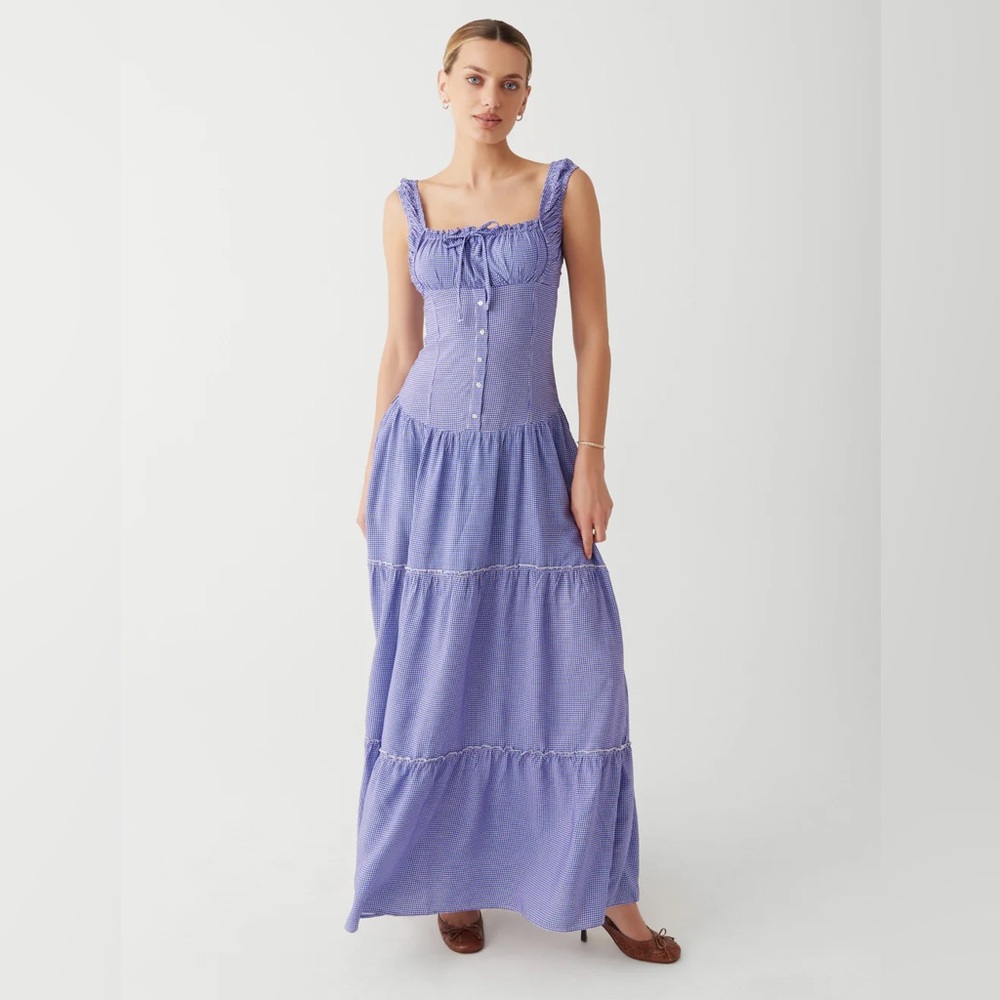 Frankies Bikinis Christabelle Ruffle Maxi Dress in Sailor Gingham
